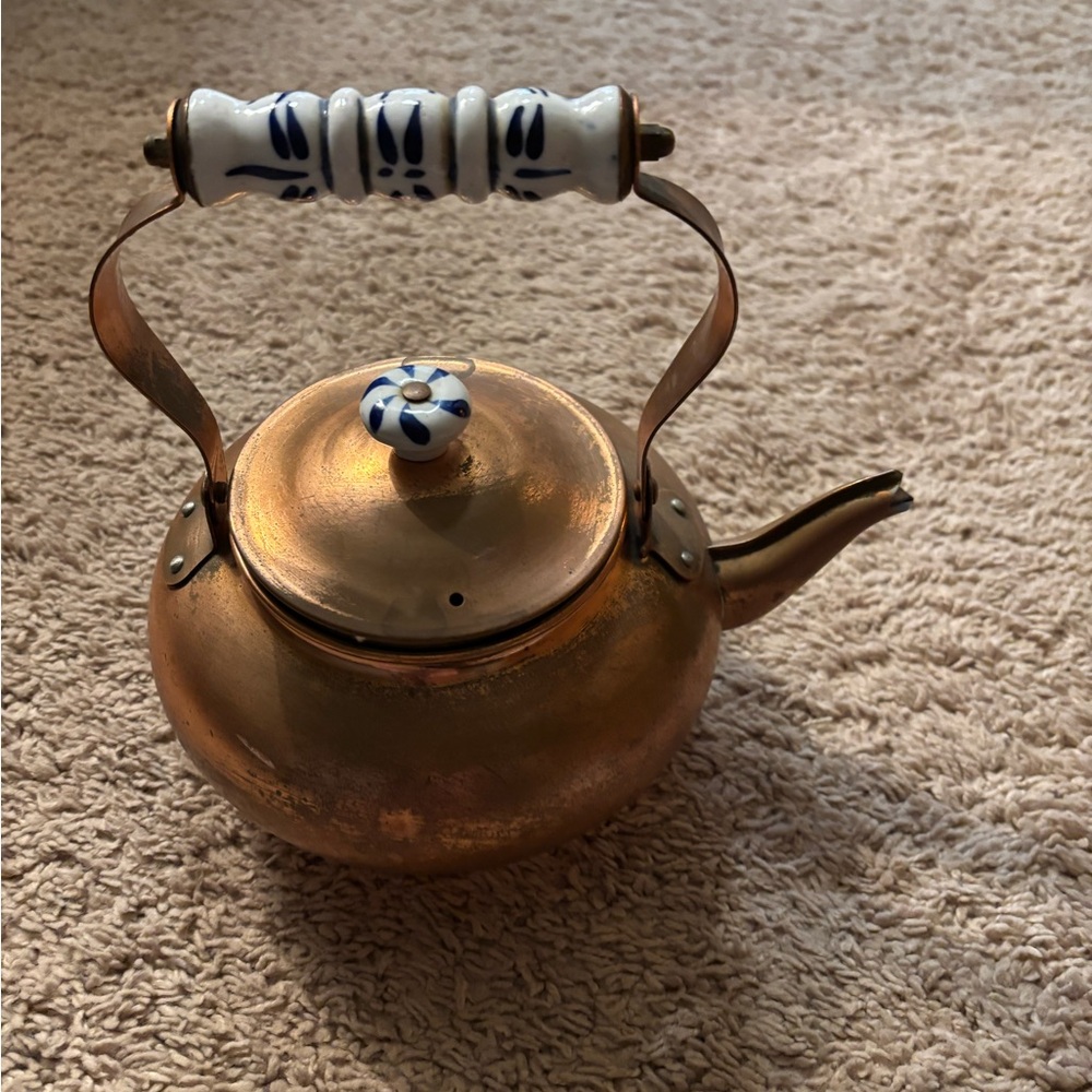 1 hr sale Extremely new Rare antique Copper Teapot & hand painted porcelain